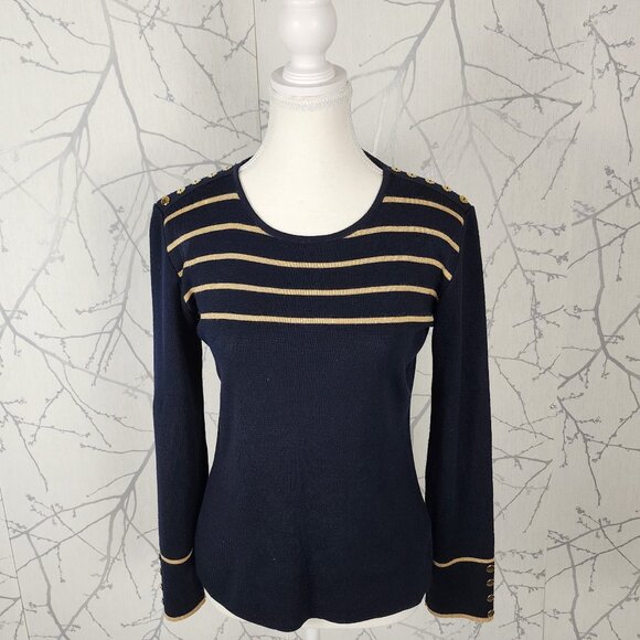 Alain Manoukian Navy Gold Stripe 49% Merino Wool Knit Sweater - Picture 1 of 8